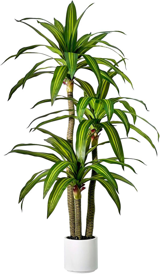 6FT Artificial Dracaena Tree with White Planter – Lifelike Fake Tropical Yucca Floor Plant for Indoor & Outdoor Home, Office, Living Room Décor